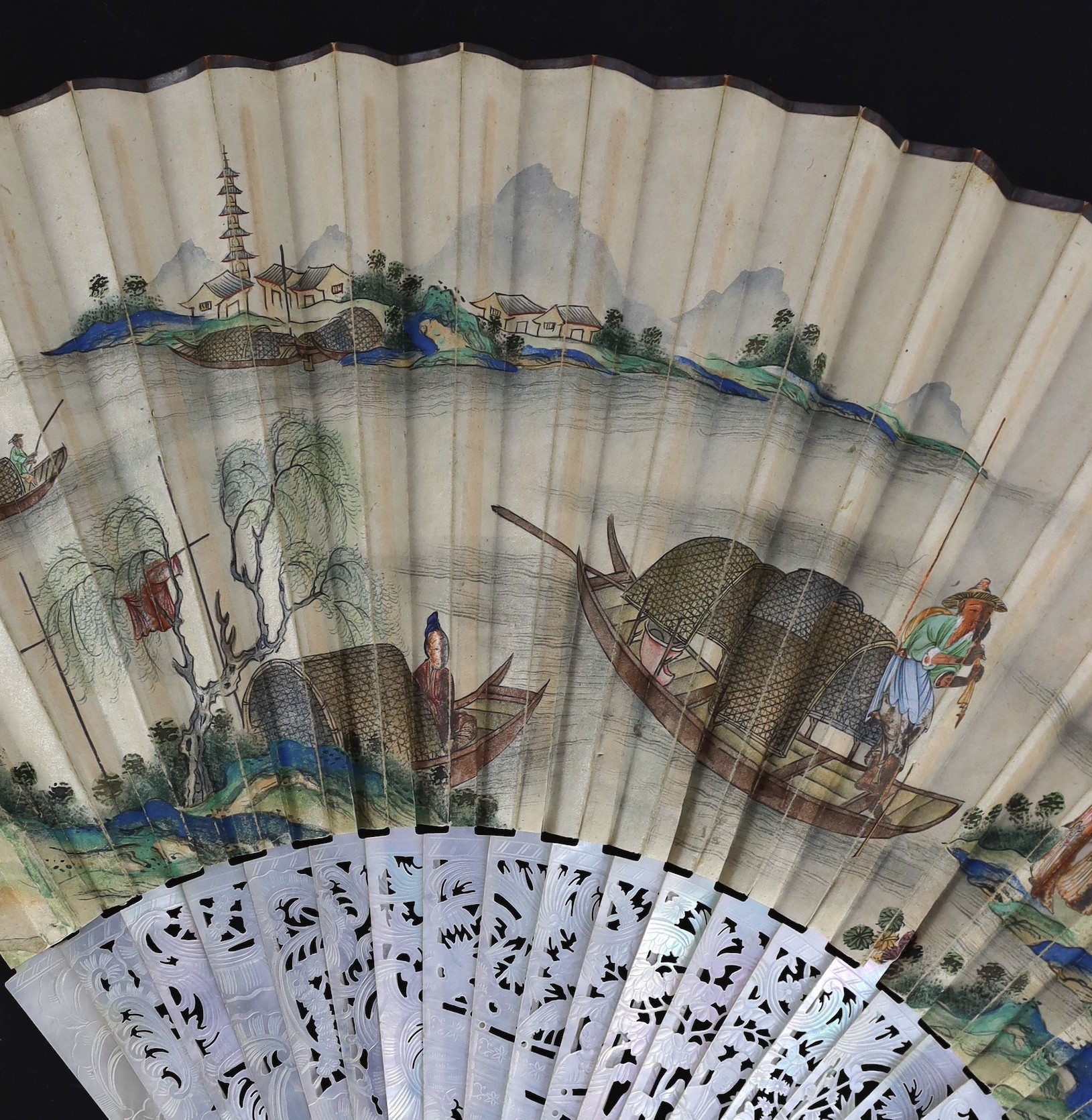 A Chinese painted leaf fan with mother-of-pearl sticks, 19th century, 28cm, some damage to mother-of-pearl